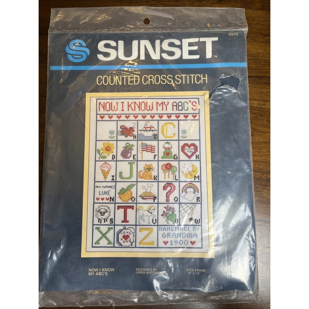 NEW Vintage 9”x12” ‘NOW I KNOW MY ABCs’ Counted Cross Stitch Kit #2970 by Sunset
